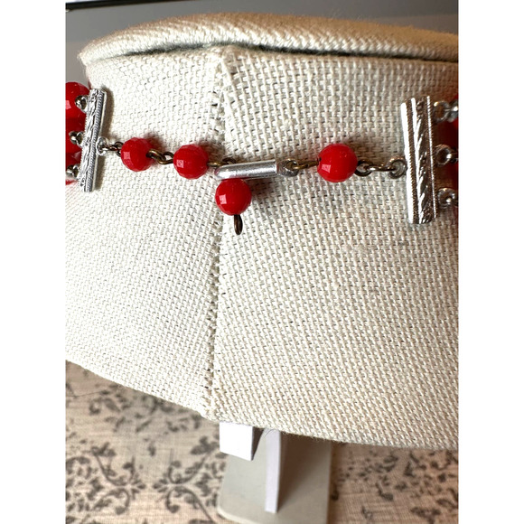Vintage Three Strand Red Graduated Beaded Necklace Marked Hong Kong 20-23-" - Picture 11 of 11